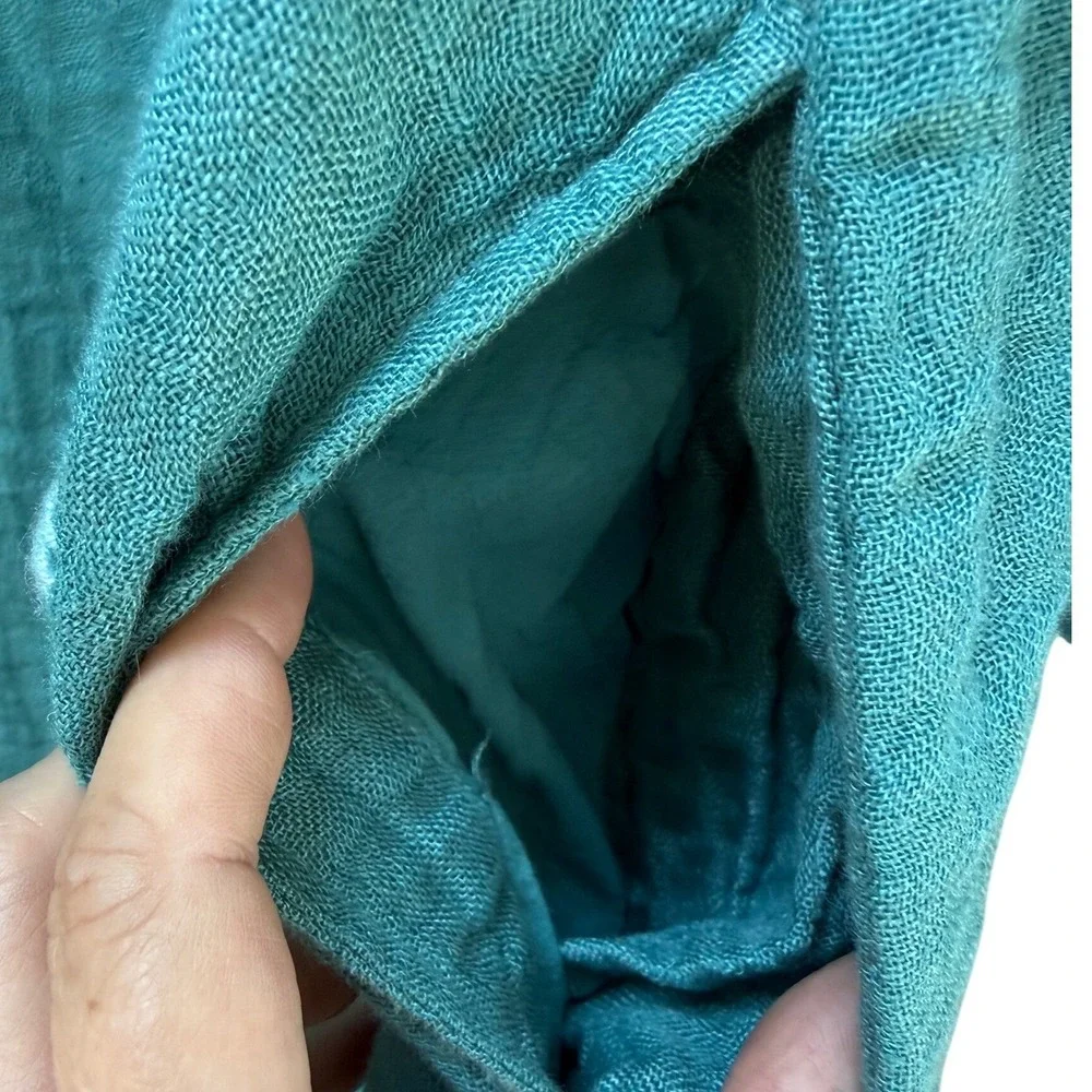 Peacock Ways 100% Linen Gauze Embroidered Tunic Dress Teal‎  Lagenlook Boho L